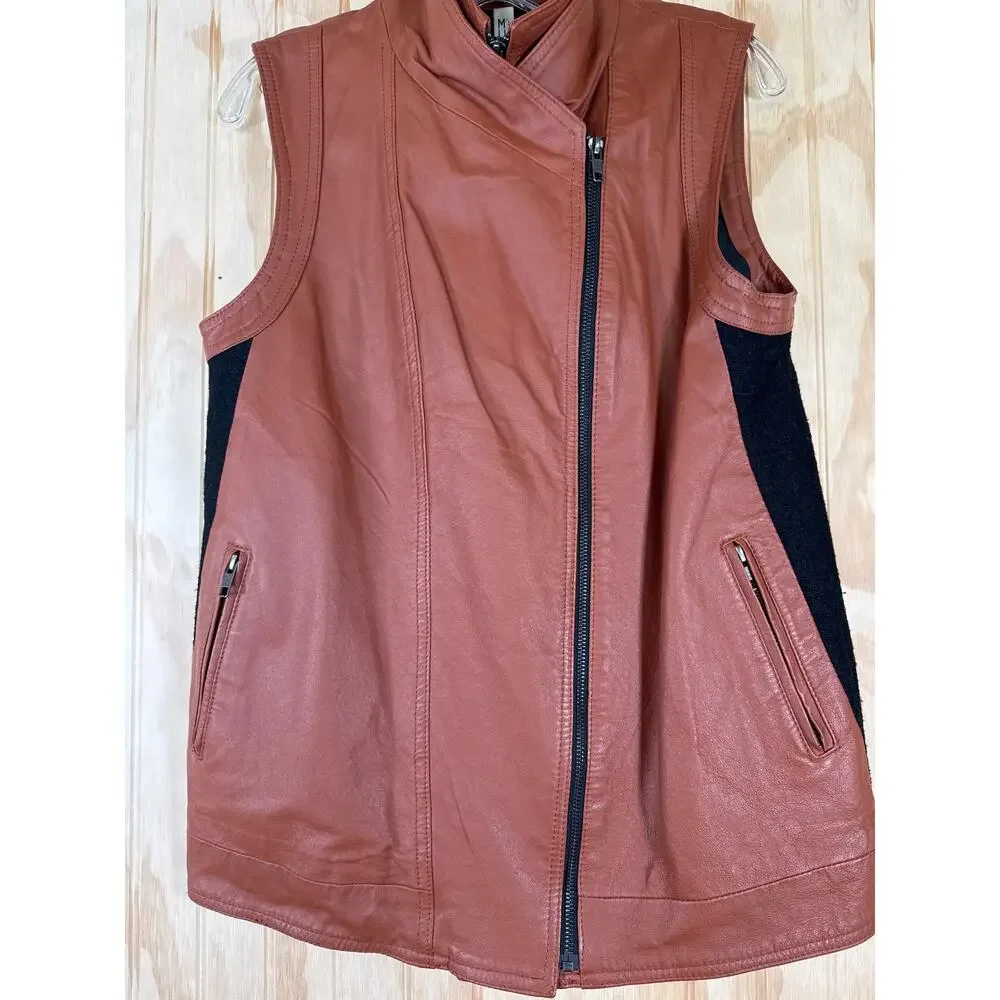 Mural Leather Moto Biker Vests Brown Black Zips Front Stretch Back Womens Medium - Picture 4 of 11